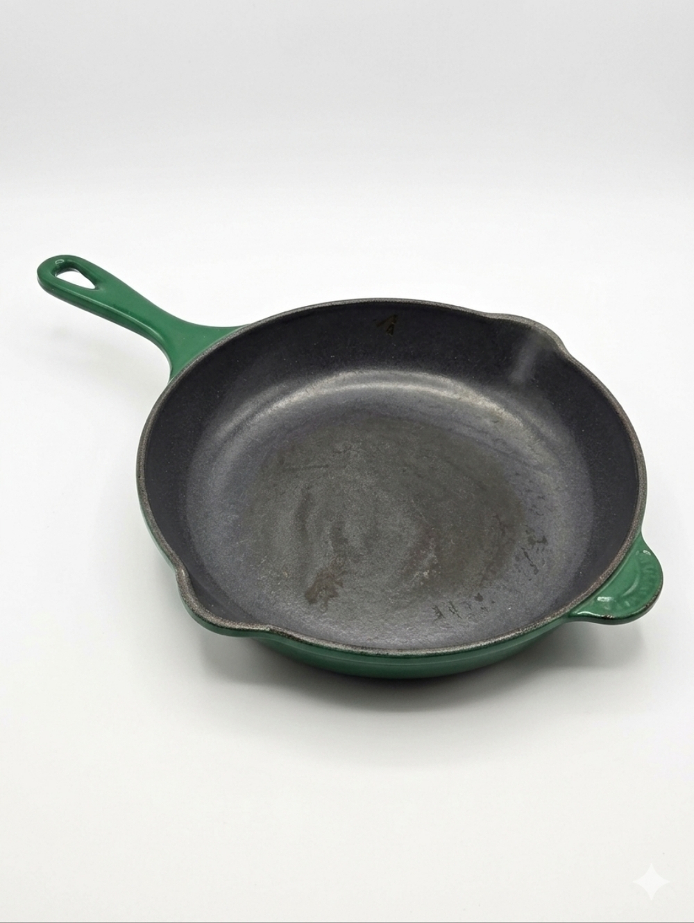 Vintage Le Creuset #23 Emerald Green Enameled Cast Iron Skillet 9" Double Spout
